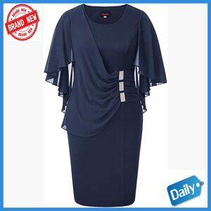 Plus Size Chiffon Ruffle Cape Sleeve Bodycon Pencil Midi Dress